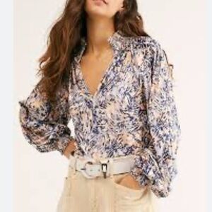 Free‎ People shirt go get em velvet velour tan & blue xs smocked soft boho
